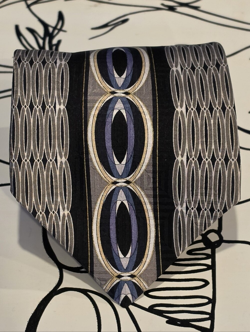 Conte Di Milano Vintage 90s Silk Tie Geometric Gray Black Center Panel 59x4